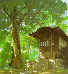Rule 34 | building, bush, forest, grass, house, leaf, nature, no humans, realistic, rope, scenery, shadow, shide, shimenawa, shrine, stairs, tree