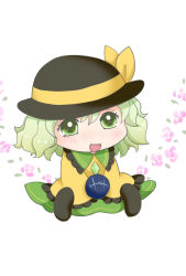 Rule 34 | blush, bow, chibi, commentary request, floral background, frilled sleeves, frills, green eyes, green hair, hands in opposite sleeves, hat, hat bow, hat ribbon, komeiji koishi, long hair, open mouth, ribbon, sitting, sleeves past wrists, solo, third eye, touhou, yuzuna99