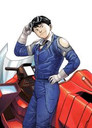 Rule 34 | 1boy, akira (manga), biker clothes, bikesuit, black eyes, black hair, blue bodysuit, bodysuit, closed mouth, gloves, goggles, goggles on head, highres, kaneda shoutarou&#039;s bike, kaneda shoutarou (akira), looking at viewer, male focus, motor vehicle, motorcycle, short hair, simple background, smile, solo, white background, white gloves, y naf
