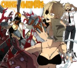 Rule 34 | 1girl, absurdres, artist name, black bra, black necktie, blonde hair, blood, blood spray, bra, breasts, chainsaw, chainsaw man, coat, collared shirt, copyright name, debris, denji (chainsaw man), eye trail, eyepatch, genderswap, genderswap (mtf), glowing, glowing eye, grey coat, highres, isaacchief300, large breasts, light trail, looking at another, looking down, messy hair, motion blur, necktie, open clothes, open mouth, open shirt, pochita (chainsaw man), pull cord, sharp teeth, shirt, shirt tucked in, short hair, sleeves rolled up, smile, teeth, tongue, tongue out, trench coat, underwear, v, white shirt, yellow eyes, zombie