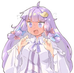 Rule 34 | 1girl, @ @, ahoge, arnest, blue bow, blunt bangs, blush, bow, commentary, crescent, crescent hair ornament, dress, flying sweatdrops, frilled sleeves, frills, full-face blush, hair bow, hair ornament, hands up, long hair, long sleeves, no headwear, open mouth, patchouli knowledge, purple dress, purple eyes, purple hair, red bow, simple background, solo, striped clothes, striped dress, sweat, touhou, upper body, white background, wide sleeves