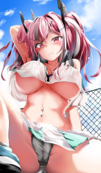 Rule 34 | 1girl, absurdres, armpits, azur lane, black panties, blouse, blush, breasts, bremerton (azur lane), bremerton (scorching-hot training) (azur lane), chain-link fence, collared shirt, commentary request, cowboy shot, crop top, crop top overhang, day, fence, frown, hair between eyes, hair intakes, hair ornament, hairclip, head tilt, heart, heart necklace, highres, jewelry, kuromiko shoujo, large breasts, long hair, looking at viewer, midriff, mole, mole under eye, multicolored hair, navel, navel piercing, necklace, outdoors, panties, piercing, pink eyes, pink hair, shirt, sidelocks, sitting, skirt, sleeveless, sleeveless shirt, solo, sportswear, streaked hair, sweat, tennis uniform, twintails, two-tone shirt, two-tone skirt, underwear, wet, wet clothes, wet shirt, white shirt, x hair ornament