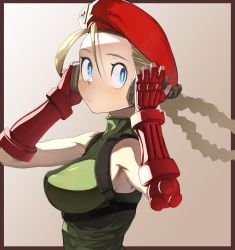 Rule 34 | 1girl, behind-the-head headphones, beret, blonde hair, blue eyes, blush, braid, breasts, cammy white, chest harness, closed mouth, commentary request, curious, fingerless gloves, gloves, go d e, green leotard, hands on headphones, harness, hat, headphones, highres, leotard, listening to music, long hair, looking at viewer, solo, street fighter, street fighter v, twin braids
