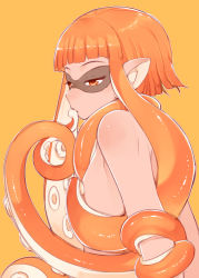 Rule 34 | 1girl, absurdres, blunt bangs, breasts, convenient censoring, covered mouth, covering nipples, covering privates, female focus, from side, half-closed eyes, heart, heart-shaped pupils, highres, inkling, inkling girl, inkling player character, kosame daizu, long hair, matching hair/eyes, nintendo, nude, orange eyes, orange hair, pointy ears, simple background, small breasts, solo, splatoon (series), splatoon 1, symbol-shaped pupils, tentacle hair, tentacles, topless frame, upper body, yellow background
