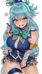 1girl aqua_(konosuba) bare_shoulders blue_eyes blue_hair blue_thighhighs blush bow bowtie breasts detached_sleeves frilled_skirt frills green_bow green_bowtie hair_between_eyes highres kono_subarashii_sekai_ni_shukufuku_wo! large_breasts long_hair looking_at_viewer magion02 open_mouth simple_background skirt solo thighhighs white_background