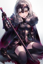 Rule 34 | 1girl, armor, armored dress, black dress, breasts, chain, dress, fangs, fate/grand order, fate (series), fur trim, gauntlets, headpiece, highres, holding, holding sword, holding weapon, jeanne d&#039;arc (fate), jeanne d&#039;arc alter (avenger) (fate), jeanne d&#039;arc alter (avenger) (first ascension) (fate), jeanne d&#039;arc alter (fate), looking at viewer, medium breasts, neko-san (dim.dream), open mouth, seiza, silver hair, sitting, smile, solo, sword, thighhighs, weapon, yellow eyes