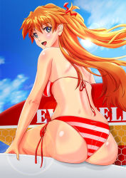 Rule 34 | 1girl, arm support, ass, ass focus, bare legs, bikini, blue eyes, blue sky, blush, breasts, cleavage, day, floating hair, hair ornament, hair ribbon, jeibii, looking at viewer, looking back, medium breasts, neon genesis evangelion, open mouth, orange hair, red bikini, ribbon, shiny skin, side-tie bikini bottom, simple background, sitting, skindentation, sky, smile, solo, souryuu asuka langley, striped bikini, striped clothes, sunlight, swimsuit, twintails, wedgie, white background