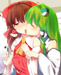 Rule 34 | 2girls, absurdres, ascot, bow, brown eyes, brown hair, closed eyes, commentary request, detached sleeves, french kiss, frog hair ornament, green hair, hair bow, hair ornament, hair tubes, hakurei reimu, hand under clothes, heart, highres, indoors, kiss, kochiya sanae, long hair, mokutan (link machine), multiple girls, red bow, saliva, short hair, snake hair ornament, tongue, tongue out, touhou, yellow ascot, yuri