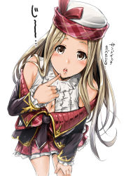 Rule 34 | 10s, 1girl, bare shoulders, blonde hair, blush, breasts, brown eyes, cleavage, cleavage cutout, clothing cutout, diola (granblue fantasy), finger to mouth, ganari ryuu, granblue fantasy, hat, highres, large breasts, long hair, looking at viewer, open mouth, saliva, solo
