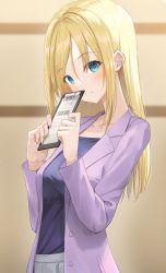 Rule 34 | 1girl, blonde hair, blue eyes, blush, breasts, buttons, clipboard, closed mouth, collarbone, commentary request, ear piercing, eyelashes, hayasaka ai, highres, holding, holding clipboard, jacket, kaguya-sama wa kokurasetai ~tensai-tachi no renai zunousen~, kanaria hisagi, long hair, long sleeves, looking at viewer, medium breasts, piercing, purple jacket, sidelocks, solo