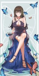 Rule 34 | 1girl, absurdres, bare legs, bare shoulders, black gloves, blue butterfly, breasts, brown eyes, brown hair, bug, butterfly, cleavage, commentary request, criss-cross halter, crossed legs, dress, evening gown, expressionless, full body, girls&#039; frontline, gloves, hair between eyes, hair ornament, halter dress, halterneck, high-low skirt, high heels, highres, insect, large breasts, long hair, m4a1 (girls&#039; frontline), m4a1 (suspender of time) (girls&#039; frontline), multicolored hair, official alternate costume, purple dress, sandals, sitting, sitting on table, solo, strappy heels, streaked hair, yf (hbyg)