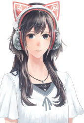 Rule 34 | 1girl, animal ear headphones, animal ears, black hair, blue eyes, cat ear headphones, cat ears, fake animal ears, headphones, jewelry, long hair, looking at viewer, necklace, original, sakimori (hououbds), simple background, smile, solo, white background