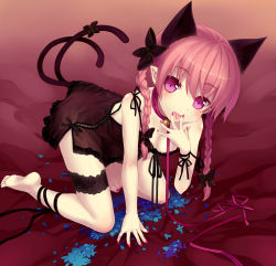 Rule 34 | 1girl, animal ears, barefoot, bell, bent over, bow, braid, breasts, bridal garter, cat ears, cat tail, choker, collar, cunnilingus gesture, earrings, feet, hair bow, highres, inconvenient tail, jewelry, jingle bell, kaenbyou rin, leash, leg ribbon, lingerie, medium breasts, minamura haruki, multiple tails, nail polish, nekomata, petals, pink eyes, pink hair, pointy ears, ribbon, solo, strap slip, tail, tail ornament, tail ribbon, toenail polish, toenails, tongue, tongue out, touhou, twin braids, two tails, underwear