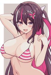 Rule 34 | 1girl, :d, alternate breast size, arm behind head, azki (4th costume) (hololive), azki (hololive), bikini, black hair, blush stickers, breasts, cleavage, hair between eyes, hair intakes, hair ornament, hololive, large breasts, long hair, multicolored hair, navel, open mouth, pink hair, purple eyes, smile, solo, stomach, streaked hair, striped bikini, striped clothes, swimsuit, upper body, very long hair, virtual youtuber, white hair, zou eita
