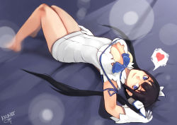 Rule 34 | 10s, 1girl, bad id, bad pixiv id, barefoot, black hair, blue eyes, blue ribbon, breasts, cleavage, cleavage cutout, clothing cutout, dress, dungeon ni deai wo motomeru no wa machigatteiru darou ka, female focus, gloves, gradient background, hair ribbon, hestia (danmachi), highres, kkun88, large breasts, legs together, long hair, looking at viewer, lying, on back, rei no himo, ribbon, short dress, skindentation, solo, twintails, upside-down, white dress, white gloves