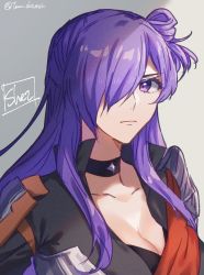 Rule 34 | 1girl, armor, asymmetrical clothes, breasts, cape, choker, cleavage, close-up, closed mouth, fire emblem, fire emblem: three houses, fire emblem warriors, fire emblem warriors: three hopes, hair bun, hair over one eye, highres, large breasts, long hair, looking at viewer, nintendo, purple eyes, purple hair, shez (female) (fire emblem), shez (fire emblem), simple background, single hair bun, solo, tomo shirasu, upper body, white background