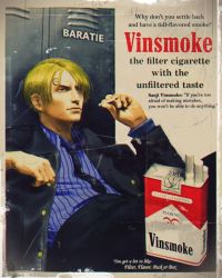 Rule 34 | 1boy, absurdres, ad, blonde hair, blue necktie, brand name imitation, character name, cigarette, commentary, english commentary, english text, fake ad, highres, holding, holding cigarette, male focus, marlboro, necktie, one piece, parody, sanji (one piece), smoking, solo, vinutun