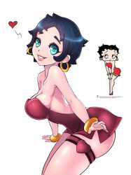Rule 34 | 1girl, bare shoulders, bent over, betty boop, betty boop (character), black hair, blue eyes, breasts, cleavage, dress, earrings, el quijote, female focus, heart, highres, impossible clothes, jewelry, looking at viewer, medium breasts, shiny clothes, shiny skin, short hair, sideboob, simple background, skindentation, smile, solo, strapless, toon (style), white background