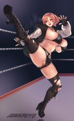 Rule 34 | absurdres, bikini, boots, breasts, dead or alive, full body, gloves, hair ornament, high heel boots, high heels, high kick, highres, honoka (doa), jumpsuit, junkpuyo, kicking, large breasts, navel, pants, pink hair, ponytail, shorts, solo, spread legs, swimsuit, thighhighs, torn clothes, torn thighhighs