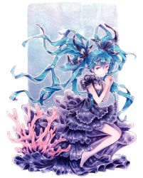Rule 34 | 1girl, artist name, bare arms, barefoot, black dress, black ribbon, blue hair, caomor, closed mouth, commentary, coral, dress, floating hair, full body, hair ribbon, hatsune miku, layered dress, long hair, own hands together, ribbon, shinkai shoujo (vocaloid), sitting, solo, twintails, underwater, very long hair, vocaloid
