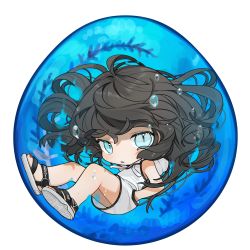 Rule 34 | 1girl, air bubble, black hair, blue eyes, bubble, chibi, dress, full body, gotou (nekocat), hand in pocket, hood, hood down, long hair, looking at viewer, original, parted lips, round image, sandals, solo, underwater, white background, white dress