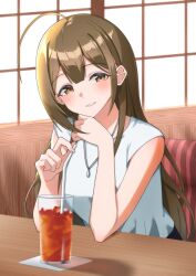 1girl absurdres brown_eyes brown_hair camellia_90 chair commentary_request drink drinking_straw hand_on_own_chin highres holding holding_straw idolmaster idolmaster_shiny_colors indoors jewelry kuwayama_chiyuki light_smile long_hair looking_at_viewer necklace pov_across_table raised_eyebrows shirt short_sleeves sitting smile solo table upper_body white_shirt