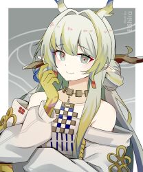 Rule 34 | 1girl, absurdres, arknights, artist name, bare shoulders, blush, border, branch, closed mouth, collarbone, colored skin, dragon horns, earrings, erushira, green eyes, green hair, grey hair, grey jacket, hair bun, highres, horns, jacket, jewelry, long sleeves, looking at viewer, necklace, off shoulder, open clothes, open jacket, outside border, pointy ears, shu (arknights), single side bun, smile, solo, upper body, white border, yellow skin