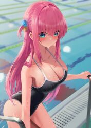 Rule 34 | 1girl, absurdres, amane sora, ass, black one-piece swimsuit, blue eyes, bocchi the rock!, breasts, cleavage, climbing, embarrassed, gotoh hitori, hair ornament, highres, holding, large breasts, one-piece swimsuit, pink hair, pool, solo, swimsuit, thighs, wet, wet clothes
