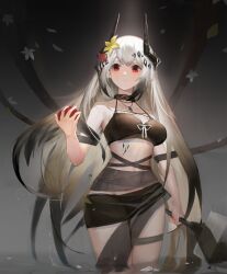 Rule 34 | 1girl, absurdres, arknights, bare shoulders, bikini, black bikini, black hair, black horns, bow, breasts, commentary request, cowboy shot, facing viewer, falling leaves, flower, food, fruit, gradient hair, grey hair, hair flower, hair ornament, halterneck, hand up, highres, holding, holding food, holding fruit, horns, jewelry, leaf, long hair, looking afar, mudrock (arknights), multicolored hair, necklace, partially submerged, red eyes, red flower, small breasts, solo, splitting0, swimsuit, very long hair, white bow, yellow flower