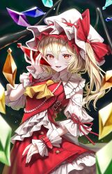 Rule 34 | 1girl, absurdres, adapted costume, black sky, blonde hair, bow, dress, flandre scarlet, hat, highres, looking at viewer, rainbow wings, red bow, red dress, red eyes, sky, smile, solo, torinari (dtvisu), touhou, white hat