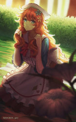 Rule 34 | 1girl, apron, artist name, backlighting, blue dress, blurry, bow, bush, day, depth of field, dress, eyelashes, flower, forest, frilled apron, frills, green eyes, hair flower, hair ornament, highres, light particles, long hair, looking at viewer, messy hair, midorin 567, nature, nijisanji, orange hair, otogibara era, outdoors, red bow, sailor collar, sitting, smile, solo, very long hair, virtual youtuber, white headwear