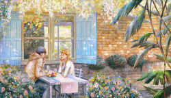 Rule 34 | 2boys, absurdres, arm on table, blonde hair, brick wall, brown hair, bush, chair, closed eyes, cup, dappled sunlight, denim, drink, elbows on table, faux traditional media, flower, giorno giovanna, guido mista, hand on own chin, head rest, highres, hood, hoodie, jeans, jojo no kimyou na bouken, koha (xxkohaku), long hair, long sleeves, looking at another, male focus, multiple boys, on chair, open mouth, open window shutter, outdoors, painting (medium), pants, plant, short sleeves, smile, sunlight, table, traditional media, vento aureo, window, window shutter