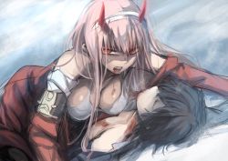 Rule 34 | 10s, 1boy, 1girl, bad end, black hair, blood, blood in mouth, blood on breasts, blood on chest, bra, breasts, cleavage, clenched teeth, commentary request, couple, darling in the franxx, closed eyes, hairband, herozu (xxhrd), hetero, hiro (darling in the franxx), horns, jacket, large breasts, long hair, looking at viewer, military, military uniform, off shoulder, oni horns, open clothes, open jacket, pink hair, red horns, red pupils, short hair, teeth, underwear, uniform, vampire, white hairband, zero two (darling in the franxx)