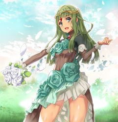Rule 34 | 1girl, :d, bouquet, character request, commentary request, engage princess, flower, green eyes, green hair, jewelry, long hair, looking at viewer, nyoro (nyoronyoro000), open mouth, petals, rose, smile, solo, tiara, white flower, white rose, wind