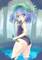Rule 34 | ^^^, 1girl, ass, blue eyes, blue hair, cucumber, eating, forest, hair bobbles, hair ornament, hat, kawashiro nitori, looking at viewer, looking back, matching hair/eyes, nature, one-piece swimsuit, pond, school swimsuit, solo, surprised, swimsuit, touhou, twintails, two side up, wide hips, yuuki (yuyuki000)