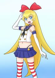 Rule 34 | 1girl, bakusai, blonde hair, blue eyes, cosplay, dokidoki! precure, kantai collection, long hair, midriff, navel, open mouth, panties, precure, regina (dokidoki! precure), salute, shimakaze (kancolle) (cosplay), skirt, smile, solo, striped clothes, striped thighhighs, thighhighs, underwear, very long hair