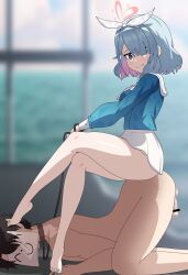 Rule 34 | 1boy, 1girl, absurdres, arona (blue archive), bar censor, barefoot, blue archive, blue eyes, blue hair, blush, censored, clothed female nude male, collar, crossed legs, domiansfw, doodle sensei (blue archive), feet, femdom, hair over one eye, hetero, highres, jitome, leash, legs, looking at viewer, medium hair, mosaic censoring, nude, sensei (blue archive), sitting, sitting on person, small penis, smile, thighs, toes