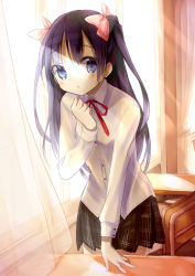 Rule 34 | 1girl, bow, buttons, chair, classroom, curtains, desk, eyebrows, hair bow, indoors, leaning forward, long sleeves, looking at viewer, miyoshino, neck ribbon, original, pink bow, plaid, plaid skirt, pleated skirt, purple eyes, purple hair, red ribbon, ribbon, school, school uniform, skirt, solo, twintails, two side up