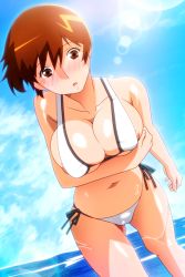Rule 34 | 1girl, areola slip, arm under breasts, bikini, blush, breasts, brown eyes, brown hair, day, dutch angle, facing viewer, large breasts, lens flare, navel, nipples, non-web source, official art, open mouth, outdoors, photoshop (medium), short hair, side-tie bikini bottom, solo, standing, super real mahjong, swimsuit, tanaka ryou, toyohara etsuko, water, white bikini