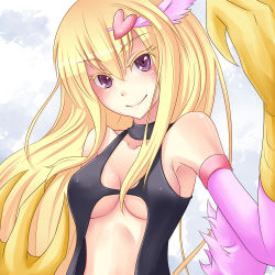 Rule 34 | 1girl, armpits, bare shoulders, blonde hair, blush, breasts, choker, claws, cleavage, collarbone, duel monster, feathers, hair ornament, halterneck, harpie girl (yu-gi-oh!), heart, heart hair ornament, long hair, looking at viewer, midriff, monster girl, purple eyes, shintani tsushiya, simple background, smile, solo, upper body, very long hair, wings, yu-gi-oh!, yu-gi-oh! duel monsters