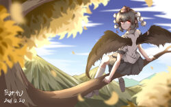 Rule 34 | 1girl, absurdres, bird wings, black hair, black skirt, black wings, blue sky, blurry, blurry foreground, chinese commentary, cloud, commentary request, dated, full body, hat, highres, looking at viewer, looking back, outdoors, pointy ears, pom pom (clothes), pzgr.40, red hat, shameimaru aya, shirt, signature, sitting, skirt, sky, socks, solo, tokin hat, touhou, tree, white shirt, white socks, wings