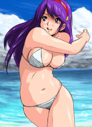 Rule 34 | 1girl, asamiya athena, bikini, breasts, cleavage, grin, headband, long hair, navel, psycho soldier, purple hair, shiny skin, sky, smile, snk, solo, swimsuit, the king of fighters, thighs, water