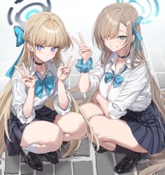 Rule 34 | 2girls, absurdly long hair, alternate costume, asuna (blue archive), black choker, black footwear, black skirt, black socks, blonde hair, blue archive, blue bow, blue bowtie, blue eyes, blue ribbon, blue scrunchie, bow, bowtie, choker, closed mouth, collar, collared shirt, double v, hair bow, hair over one eye, hair ribbon, halo, hidis0086, kneehighs, light brown hair, loafers, long hair, long sleeves, looking at viewer, multiple girls, parted lips, ribbon, school uniform, scrunchie, shirt, shoes, skirt, sleeves rolled up, socks, squatting, swept bangs, toki (blue archive), v, very long hair, white collar, white shirt, white socks, wrist scrunchie