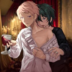 Rule 34 | 2boys, alternate costume, black hair, black shirt, blood, blood on face, blue eyes, blush, brown eyes, crying, crying with eyes open, cup, drinking glass, ensemble stars!, highres, holding, holding cup, itsuki shu, jewelry, kagehira mika, long sleeves, male focus, multiple boys, open clothes, open shirt, pink hair, purple eyes, red wine, ring, shirt, short bangs, short hair, tears, valkyrie (ensemble stars!), vampire, vrmnyam, white shirt, wine, wine glass, yaoi
