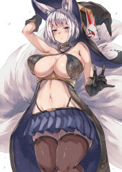 Rule 34 | 1girl, alexi oekaki, alternate costume, animal ears, arm up, azur lane, bare shoulders, black gloves, black hat, black panties, blue eyes, blue skirt, blush, breasts, brown thighhighs, cleavage, closed mouth, fox ears, fox girl, fox mask, fox tail, gloves, gold choker, grey hair, hat, highleg, highleg panties, highres, kaga (azur lane), large breasts, large hat, looking at viewer, mask, mask on hat, miniskirt, multiple tails, navel, panties, pleated skirt, short hair, simple background, skirt, solo, tail, thighhighs, thighs, underwear, white background, witch hat