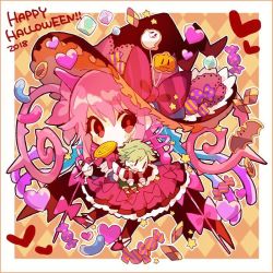 1boy, 1girl, 2018, bangs, bow, candy, checkerboard cookie, chibi, cookie, dress, food, food in mouth, halloween, happy halloween, hat, heart, hibi89, holding, holding candy, holding food, holding lollipop, jack-o&#039;-lantern, lollipop, looking at viewer, merc storia, pink hair, pink skirt, red eyes, skirt, solo focus, star (symbol), striped, striped bow, swirl lollipop, twintails, witch hat, | |