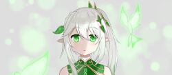 Rule 34 | 1girl, absurdres, bare shoulders, braid, commentary request, genshin impact, green eyes, green hair, grey background, grey hair, hair between eyes, highres, kuronagi (mitora uwu), long hair, looking at viewer, multicolored hair, nahida (genshin impact), parted lips, pointy ears, side ponytail, simple background, solo, two-tone hair, upper body