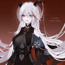 Rule 34 | 1girl, absurdly long hair, aegir (azur lane), azur lane, bare shoulders, black gloves, black skirt, bodystocking, breasts, cross, cross-laced clothes, cross earrings, dated, demon horns, earrings, elbow gloves, gloves, hair between eyes, hair on horn, highres, horns, jewelry, large breasts, long hair, looking at viewer, microskirt, rae (632230212), red background, red hair, simple background, skin tight, skirt, solo, underboob, upper body, very long hair, white hair, wide sleeves, yellow eyes