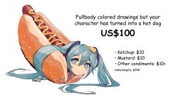 Rule 34 | 1girl, aqua eyes, aqua hair, commentary, disembodied head, dollar sign, english commentary, english text, foodification, hatsune miku, highres, hot dog, hot dog bun, long hair, mustard, pikat, promotional art, sesame seeds, signature, solo, twintails, very long hair, vocaloid, what