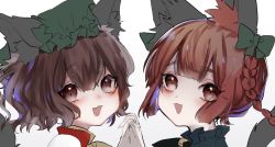 Rule 34 | 2girls, :d, animal ear fluff, animal ears, bell, blush, bow, braid, brown eyes, brown hair, cat ears, cat tail, chen, commentary, fang, fingernails, green bow, green headwear, hair between eyes, hair bow, hat, holding hands, interlocked fingers, jingle bell, kaenbyou rin, looking at viewer, mob cap, multiple girls, neck bell, open mouth, portrait, red eyes, red hair, sharp fingernails, short hair, simple background, smile, suzune hapinesu, symbol-only commentary, tail, touhou, twin braids, white background